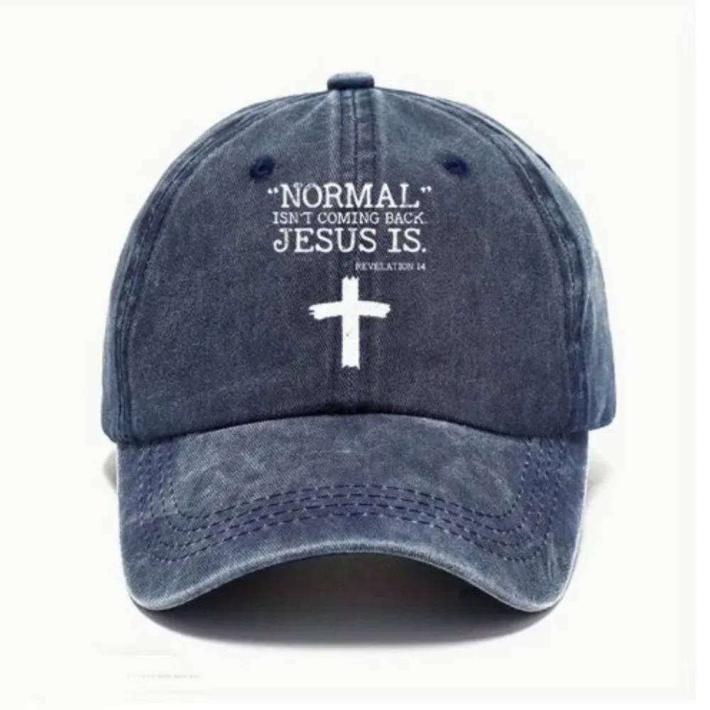 women's NORMAL ISN'T COMING BACK, JESUS IS blue soft ball cap